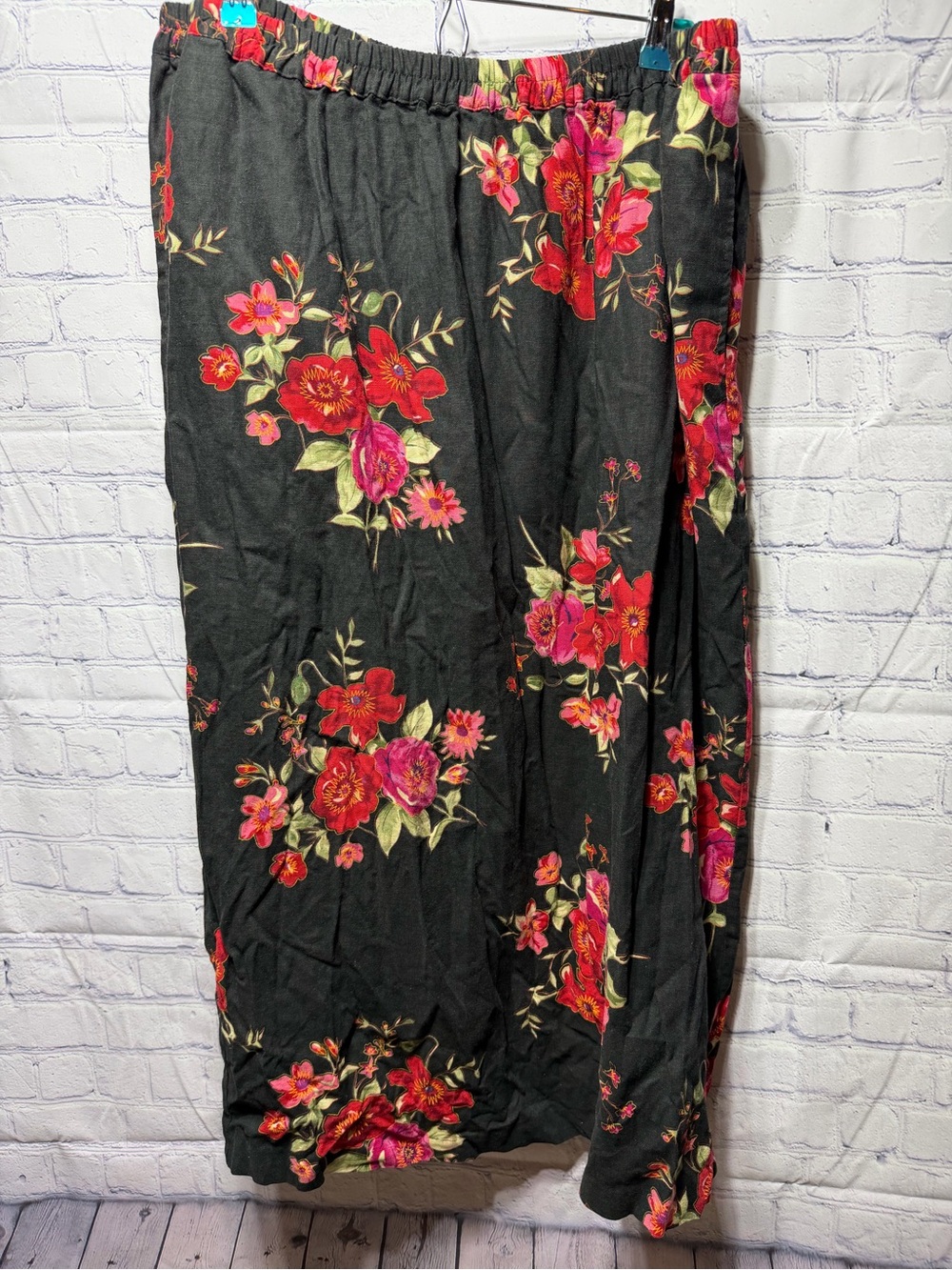 Susan Graver Womens Linen Blend Dark Floral Midi Skirt Sz 1X Whimsigoth Casual
